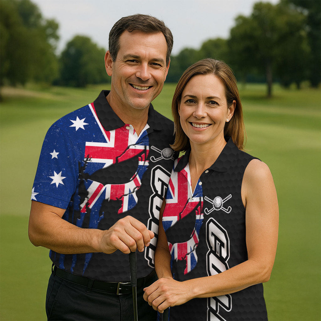 Cool Skull Golf Ball Pattern Australia Flag Print Black Golf Shirt, Polo Shirts For Men