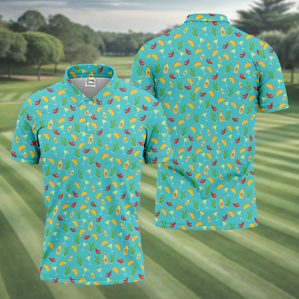 Tropical Vibe Hawaiian Pattern Turquoise Golf Shirt, Golf Tops For Men, Golf Gift For Men