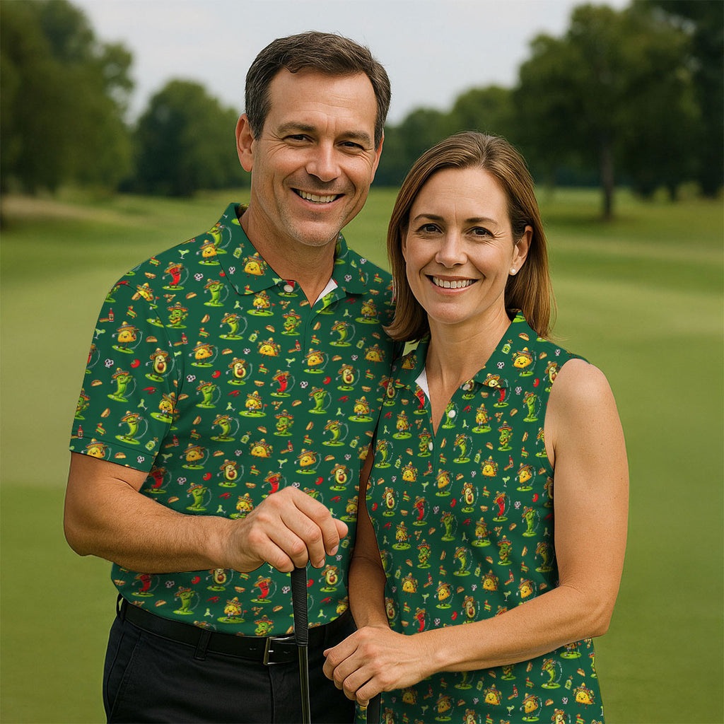 Mexican Cartoon Food Characters Cinco De Mayo Celebration Fiesta Themed Green Golf Shirts For Men