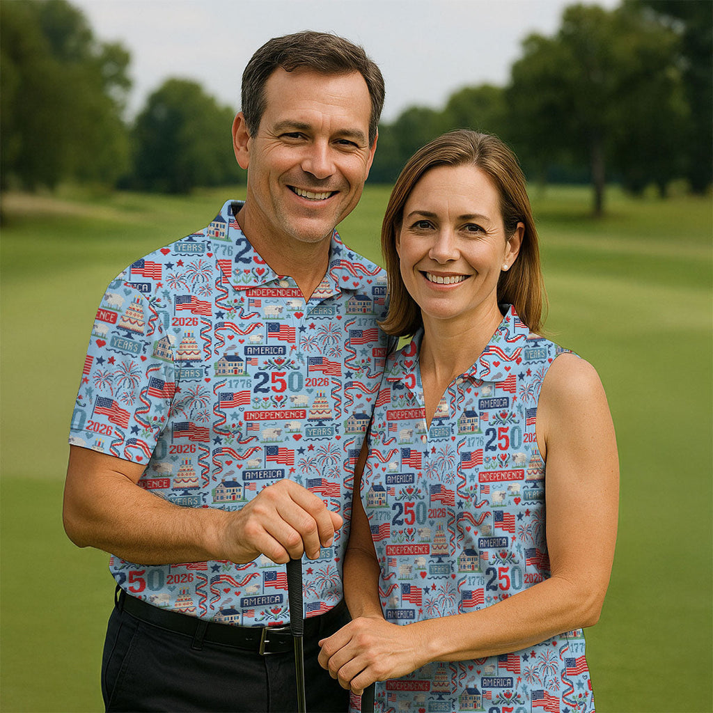 America Independence 250 Years Blue Golf Shirt, Patriotic 4th Of July Golf Shirts For Men