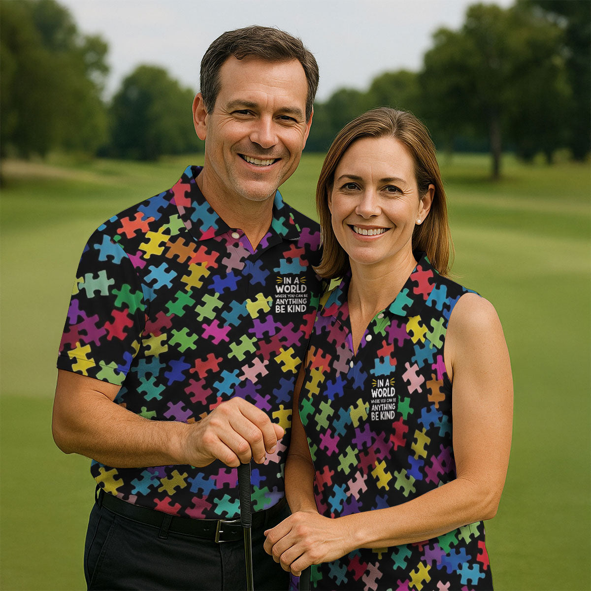 In A World Where You Can Be Anything Be Kind Autism Awareness Puzzle Pattern Men's Golf Shirt, Polo Shirts For Men