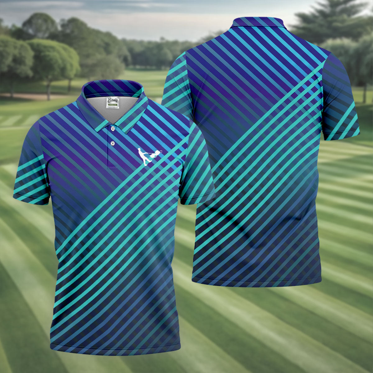 Teal And Purple Striped Pattern Golf Tops For Men, Performance Golf Shirt, Polo Shirts For Men