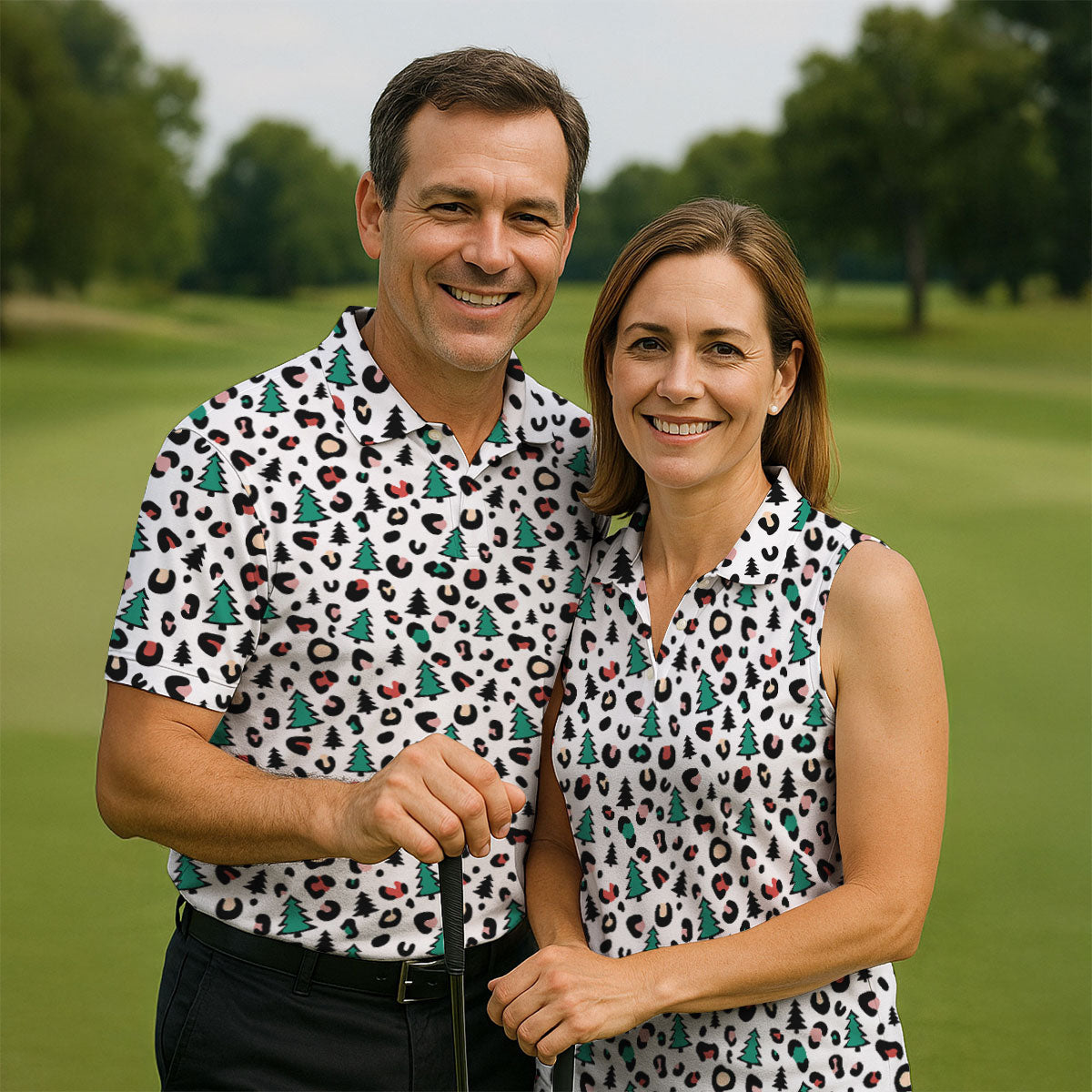 Leopard Pattern Xmas Pine Tree Golf Tops For Men, Christmas Golf Shirt, Cute Golf Outfit, Polo Shirts For Men