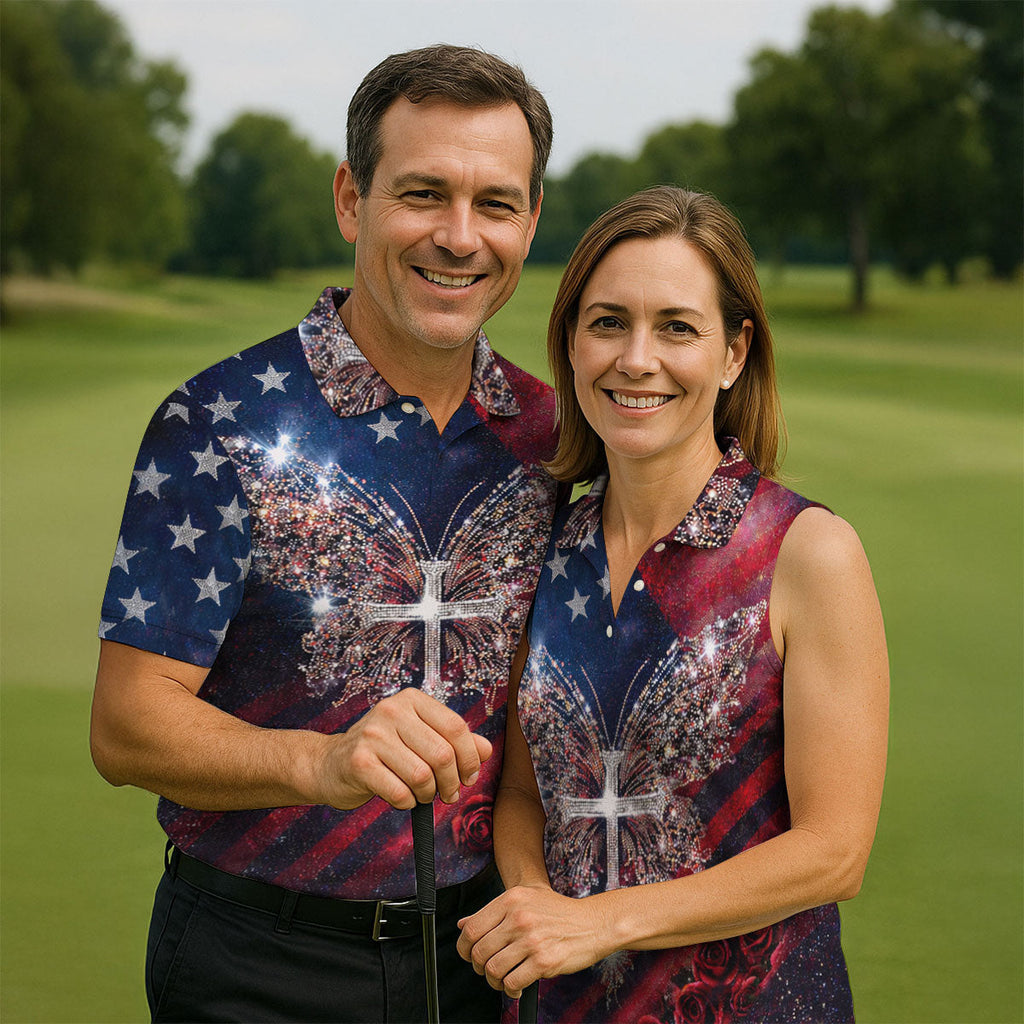 Faith Cross Shimmering Butterfly 250th Anniversary Golf Tops For Men, Patriotic 4th Of July Golf Shirts For Men