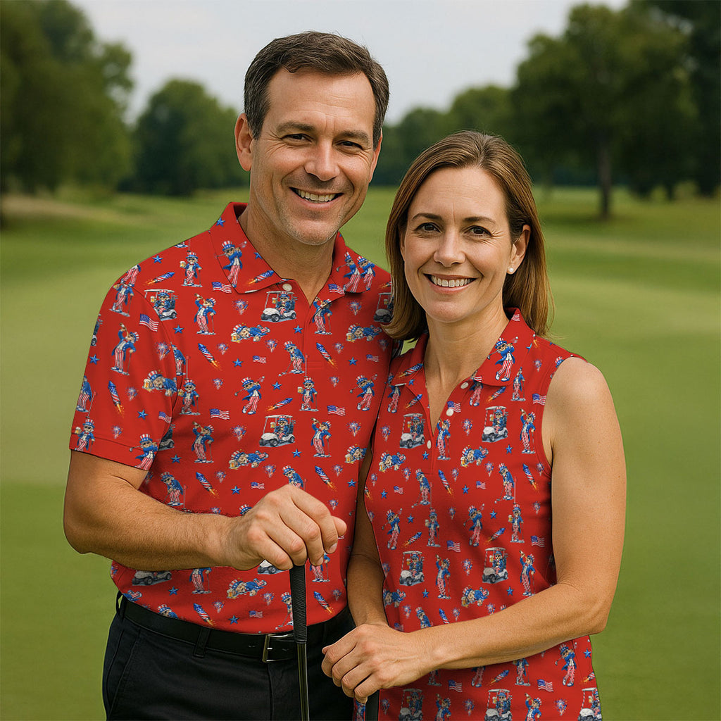 Patriotic Man Golf And Beer Funny 4th Of July Red Golf Shirt, 250 Years Seamless Pattern Golf Shirts For Men