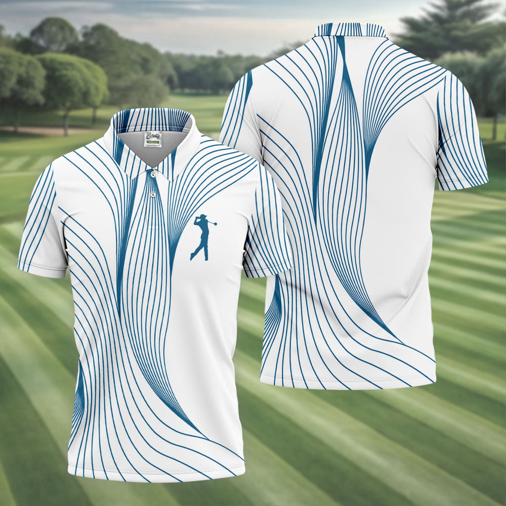 Geometric Line Wavy Line Blue And White Golf Shirts For Men, Men's Golf Shirt, Polo ShirtFor Men