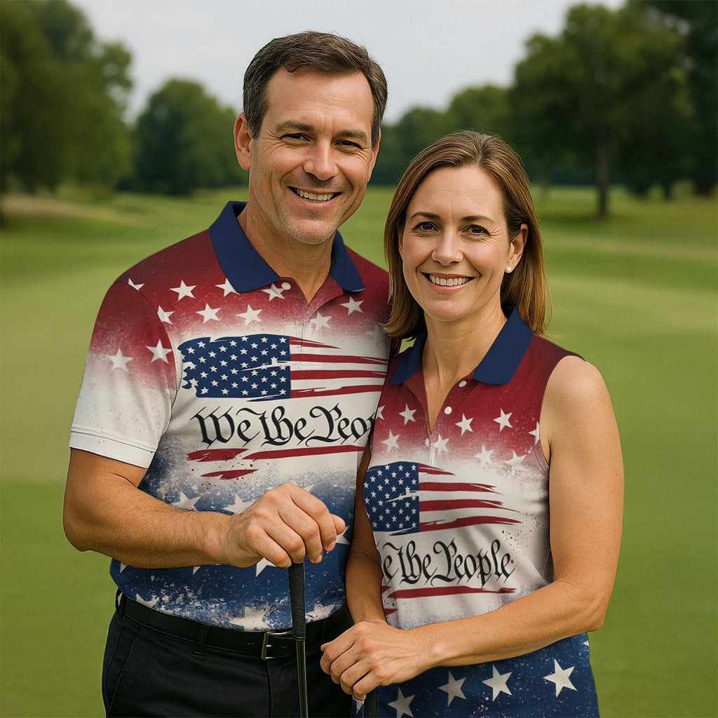 We The People Star And Stripe Distressed Pattern Patriotic Golf Shirt, 250 Years 4th Of July Golf Shirts For Men