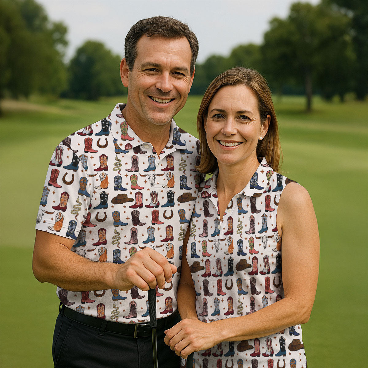 Western Cowboy Boots Horseshoes Pattern Retro Golf Shirt, Polo Shirts For Men, Golf Shirts For Men