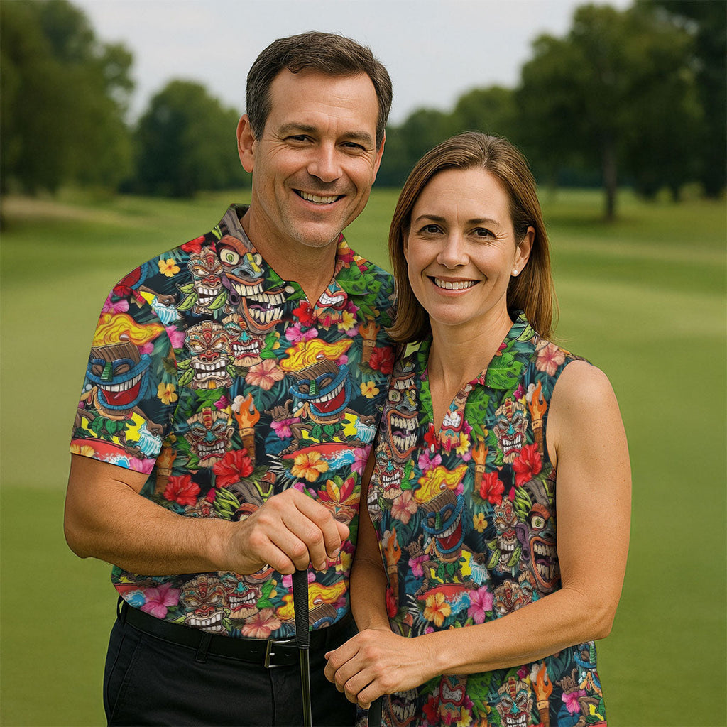 Hawaiian Tiki Tropical Floral Golf Shirts For Men, Polo Shirts For Men, Golfing Apparel