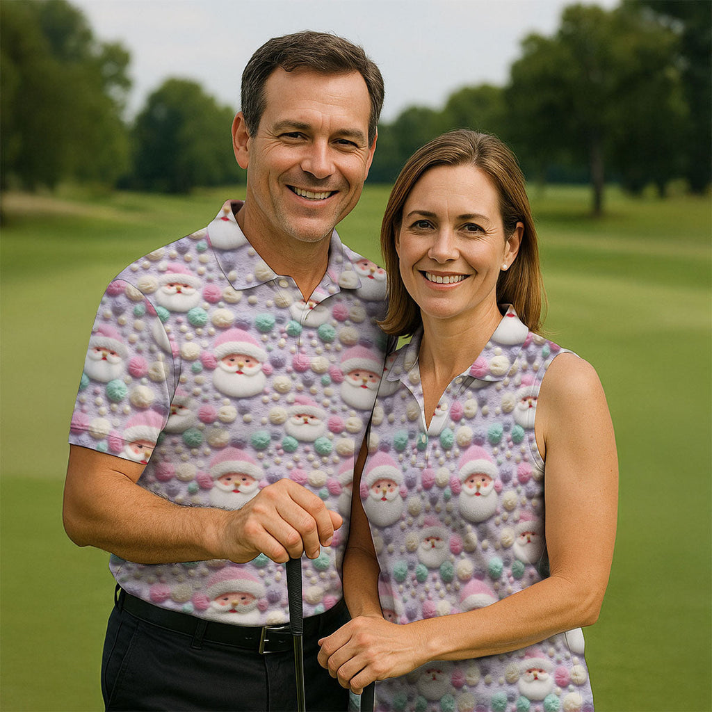 Knit Santa Pastel Pattern Golf Tops For Men, Christmas Golf Shirt, Cute Golf Outfit, Golf Shirts For Men
