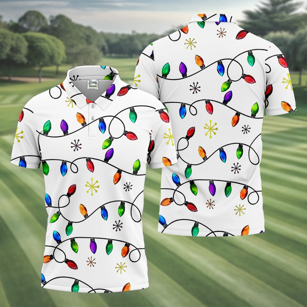 Christmas Light Print Fun Men's Golf Polos, Christmas Golf Shirt, Unique Gift For Golfer, Polo ShirtFor Men