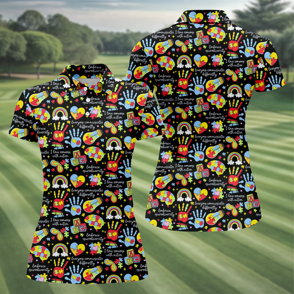 I Love Someone With Autism Black Golf Shirt, Autism Awareness Color Ladies Golf Shirts, Ladies Golf Polos