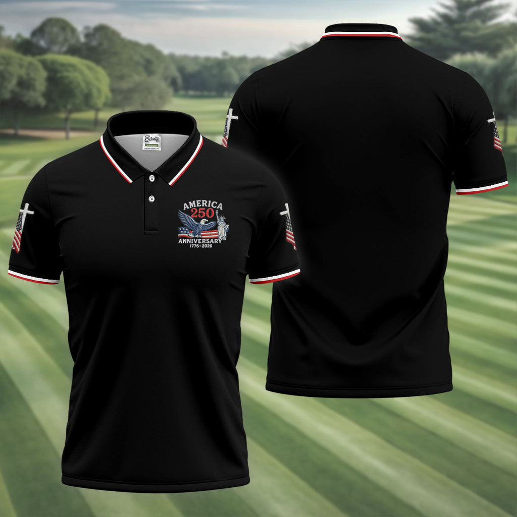Faith Cross Bald Eagle America 250 Anniversary Black Patriotic Golf Shirt, Golf Shirts For Men
