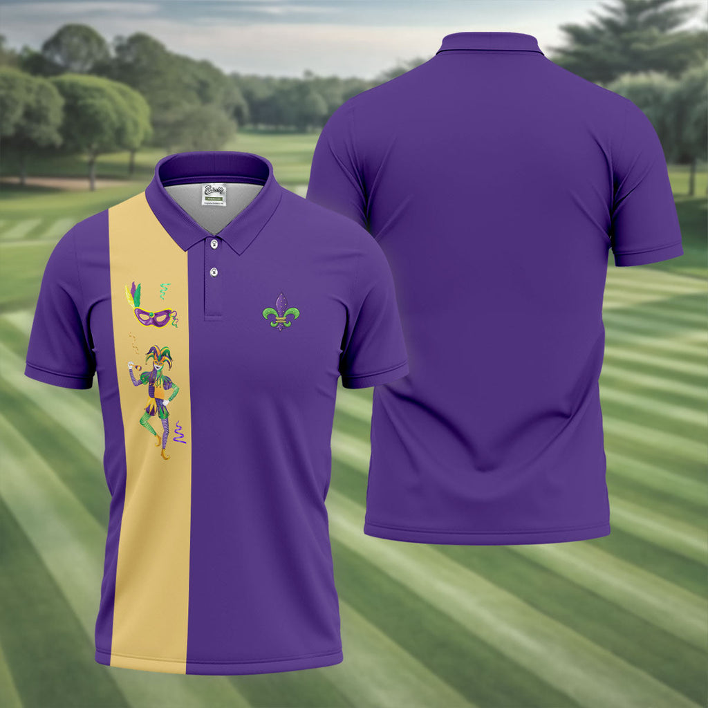 Mardi Gras Festival Jester Figure Fleur De Lis Symbol Purple Golf Shirt, Polo Shirts For Men, Golf Shirts For Men