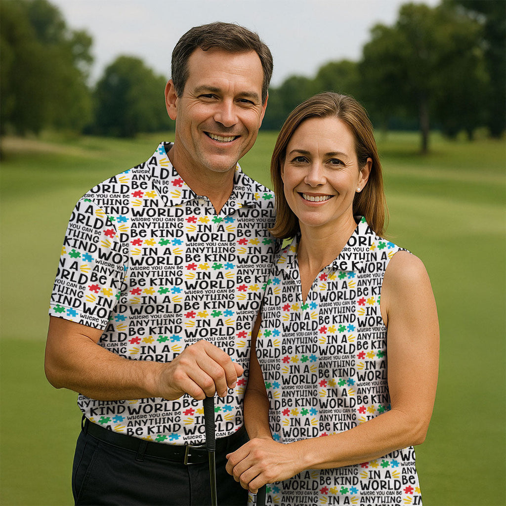 In A World Where You Can Be Anything Be Kind Autism Awareness Puzzle Pattern White Golf Shirt, Polo ShirtFor Men
