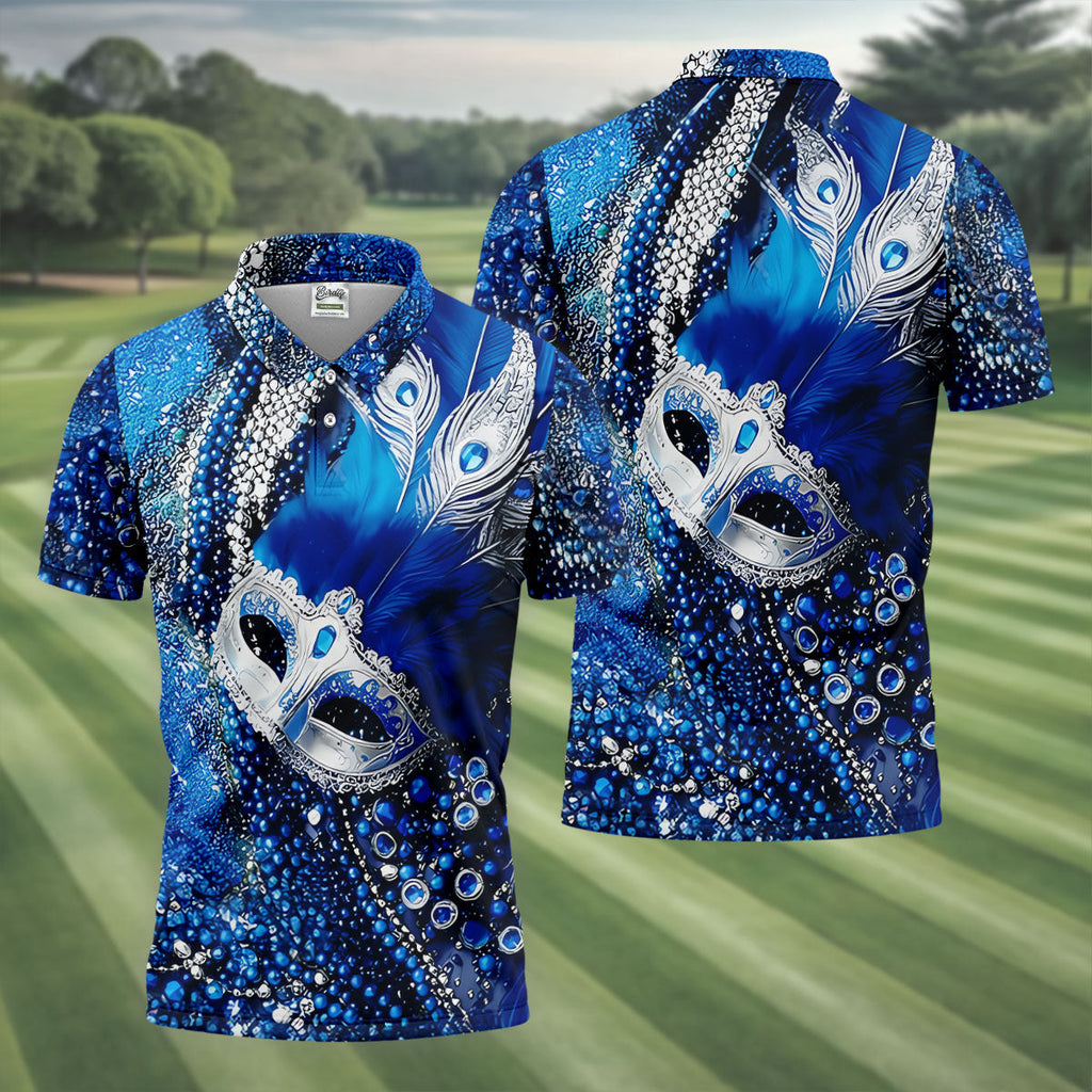 Mardi Gras Masquerade Mask Feather Beads Blue Golf Shirt, Polo Shirts For Men, Golf Shirts For Men