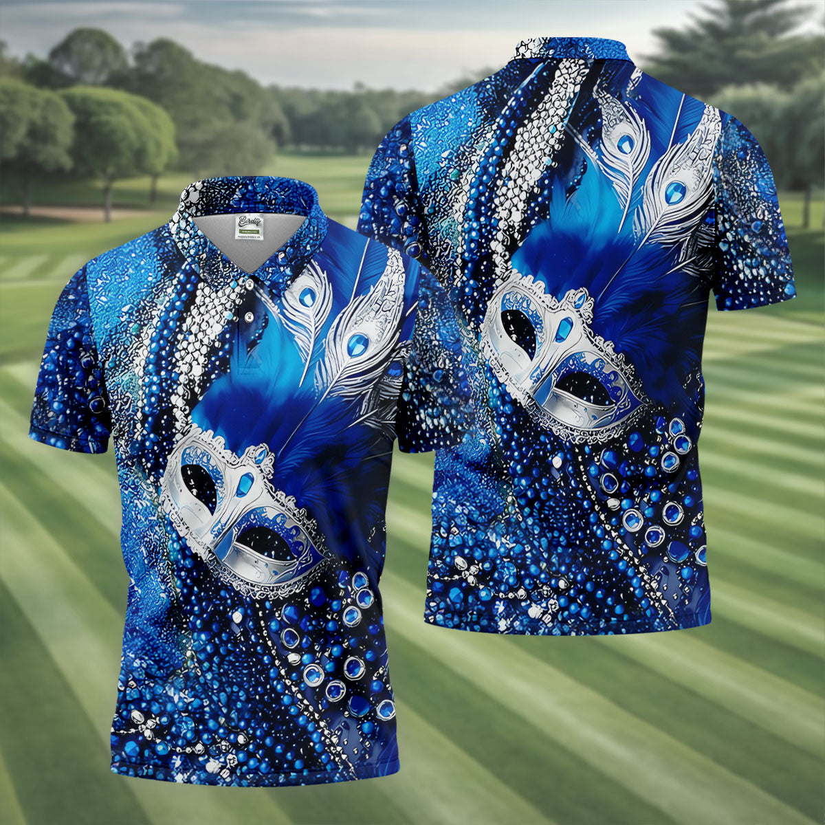 Mardi Gras Masquerade Mask Feather Beads Blue Golf Shirt, Polo Shirts For Men, Golf Shirts For Men