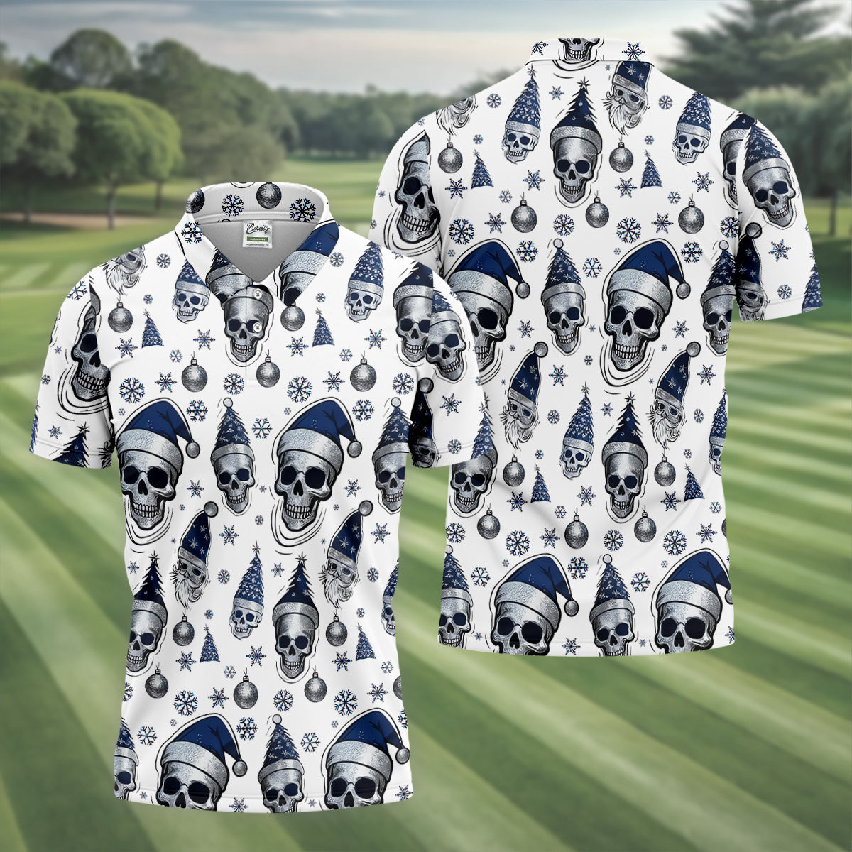 Vintage Skull Christmas Golf Shirt, White Polo Shirt Mens, Cool Golf Gift, Golf Shirts For Men