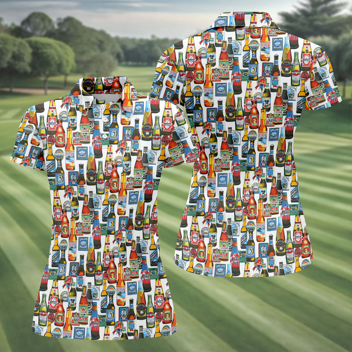 Beer Bottle Labels White Golf Shirt, Fun Women's Golf Shirts, Women's Golf Tops, Ladies Golf Shirt