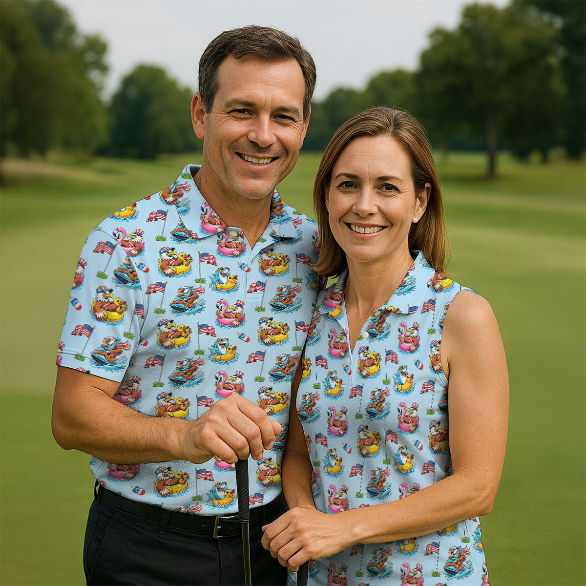 Eagle Shark Summer Theme Patriotic Party 4th Of July Golf Shirt, 250th Anniversary Golf Shirts For Men