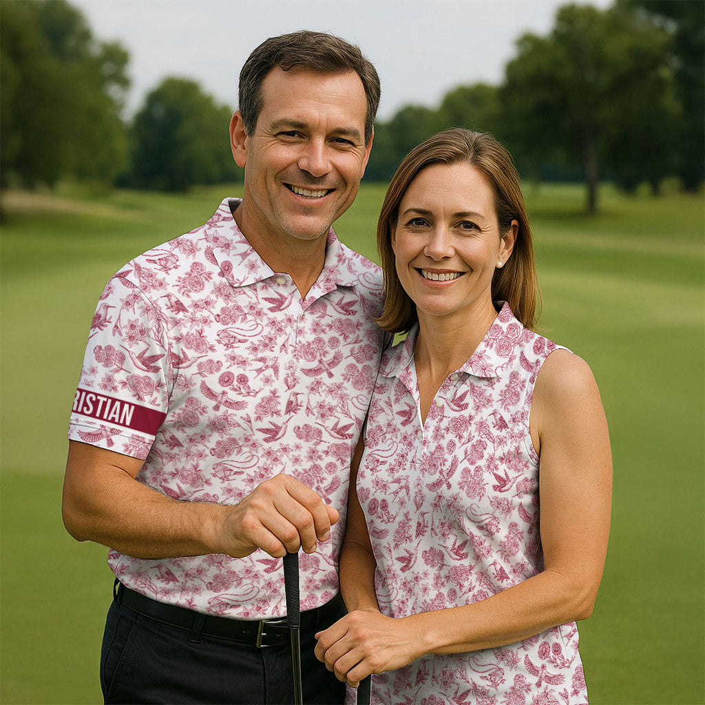 Custom Name Toile de Jouy Birds And Flowers White And Red Polo Shirts For Men, Golf Gift For Men