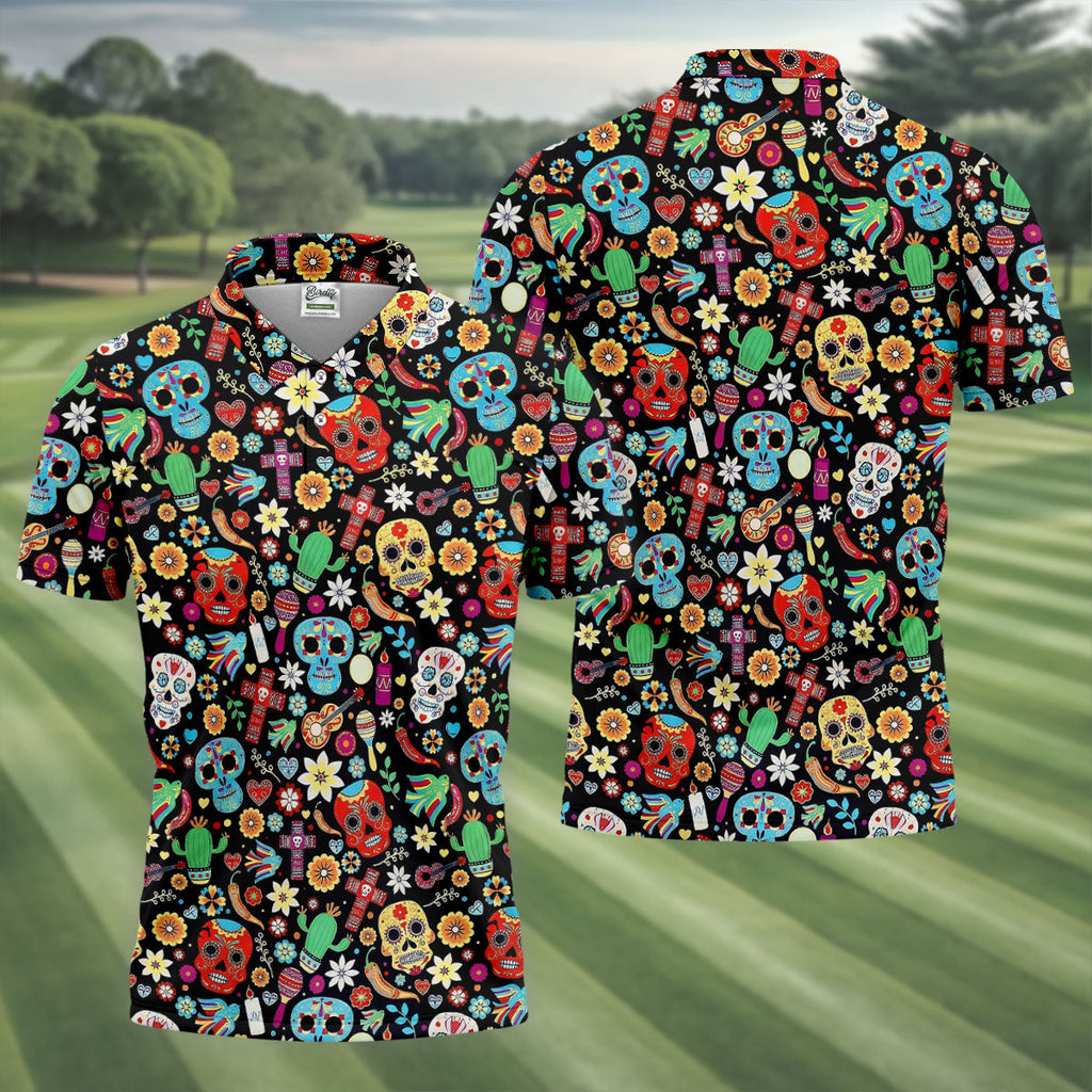Skull With Flowers Cinco De Mayo Celebration Fiesta Themed Golf Tops For Men, Golf Shirts For Men