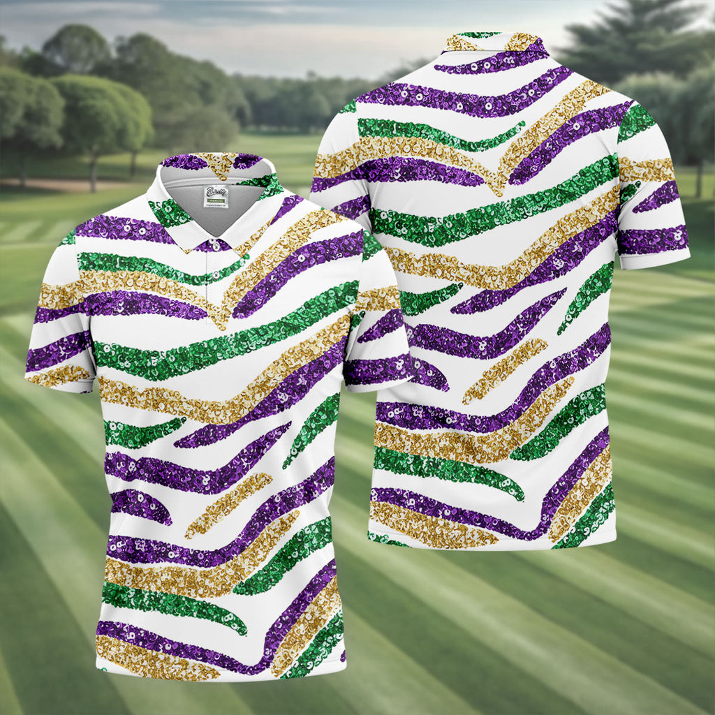 Purple Green Gold Sequin Pattern White Mardi Gras Golf Shirt, Polo Shirts For Men, Golf Shirts For Men