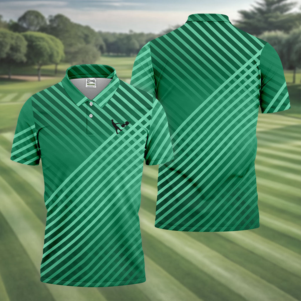 Green And White Striped Pattern Golf Tops For Men, Performance Golf Shirt, Polo Shirts For Men