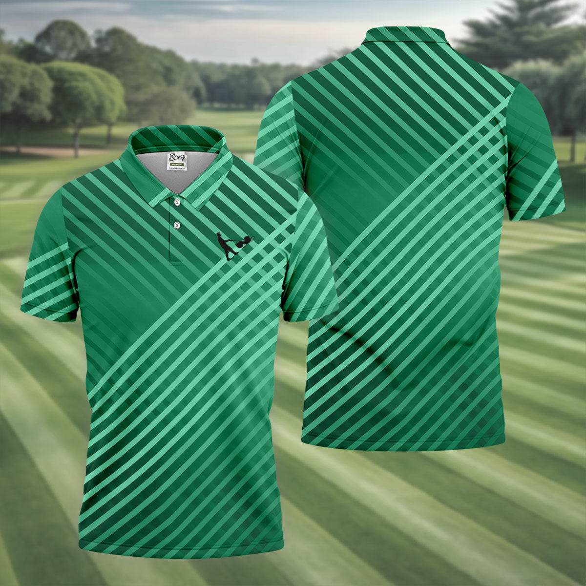 Green And White Striped Pattern Golf Tops For Men, Performance Golf Shirt, Polo Shirts For Men
