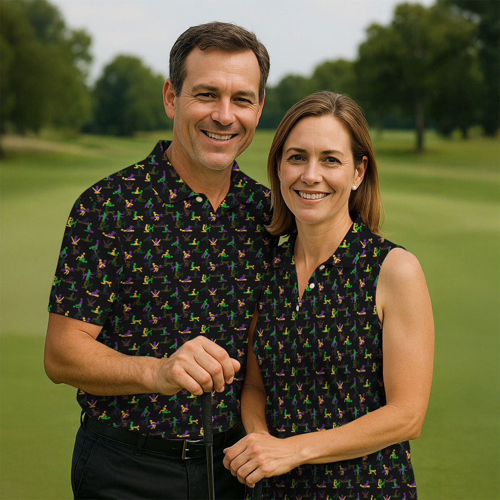 Naughty Position Stick Figure Couple Mardi Gras Black Golf Shirt, Polo Shirts For Men, Golf Shirts For Men