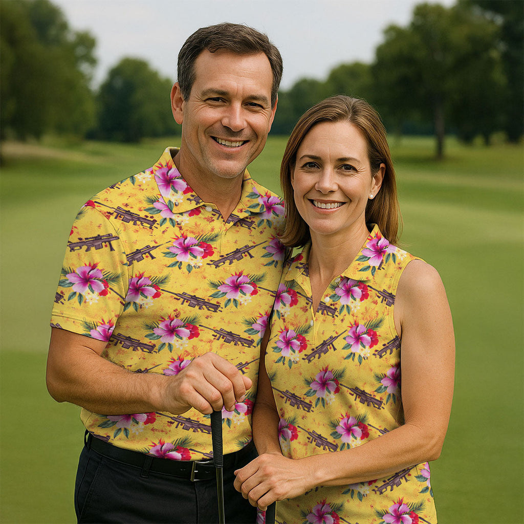 Floral Pattern Army Theme Hawaiian Yellow Golf Shirt, Men's Golf Polo Shirts, Golf Shirts For Men