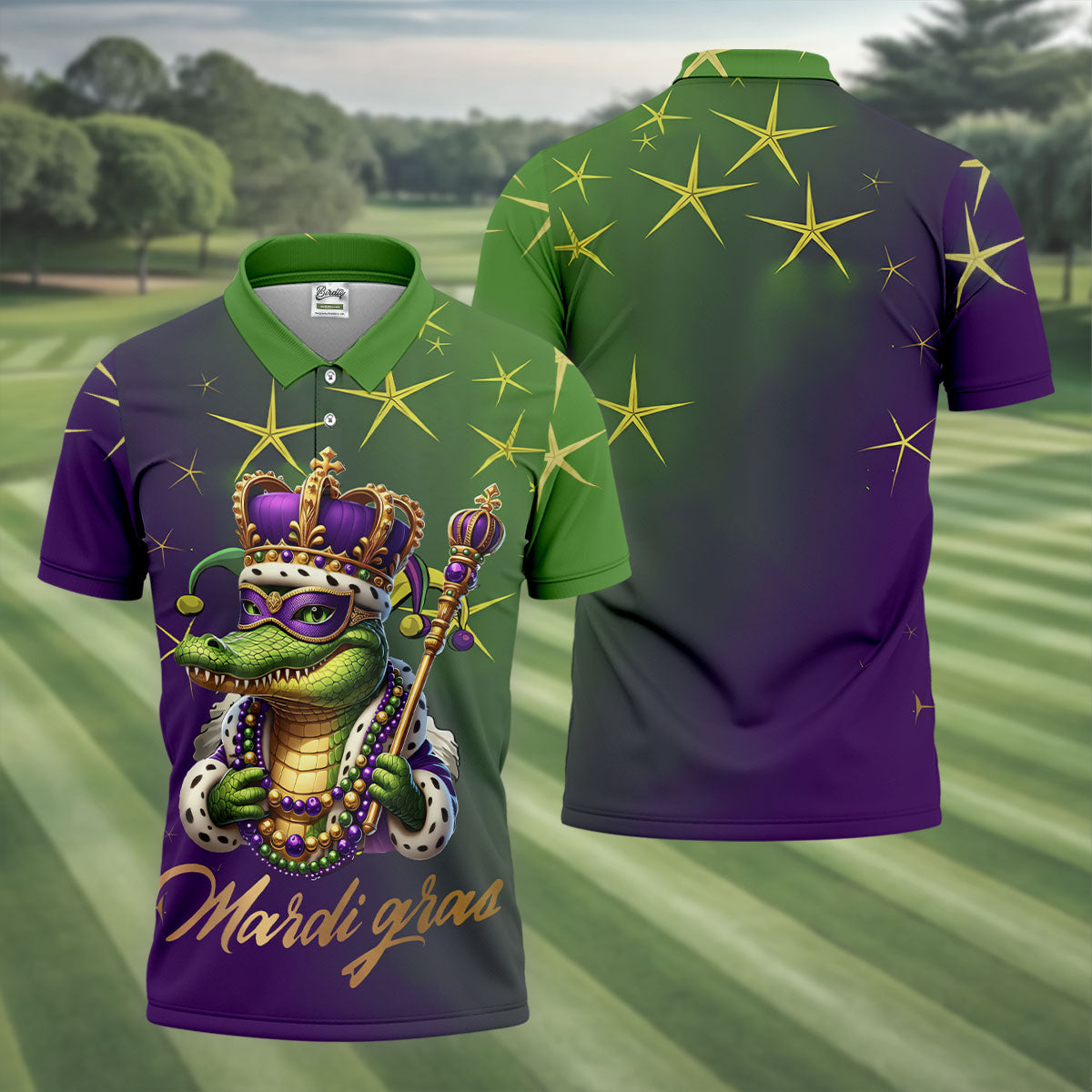 Mardi Gras Aligator Crown Mask Purple Green Gold Golf Tops For Men, Polo Shirts For Men, Golf Shirts For Men