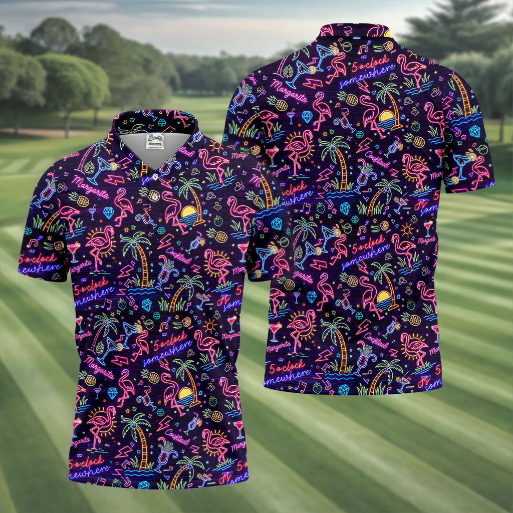 Tropical Theme Neon Pattern Black Golf Shirt, Men's Funny Golf Shirts, Polo Shirts For Men