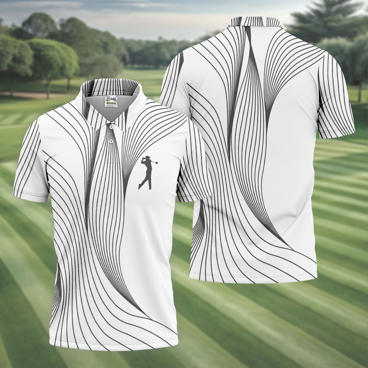 Geometric Line Wavy Line Black And White Golf Shirts For Men, Men's Golf Shirt, Polo Shirts For Men