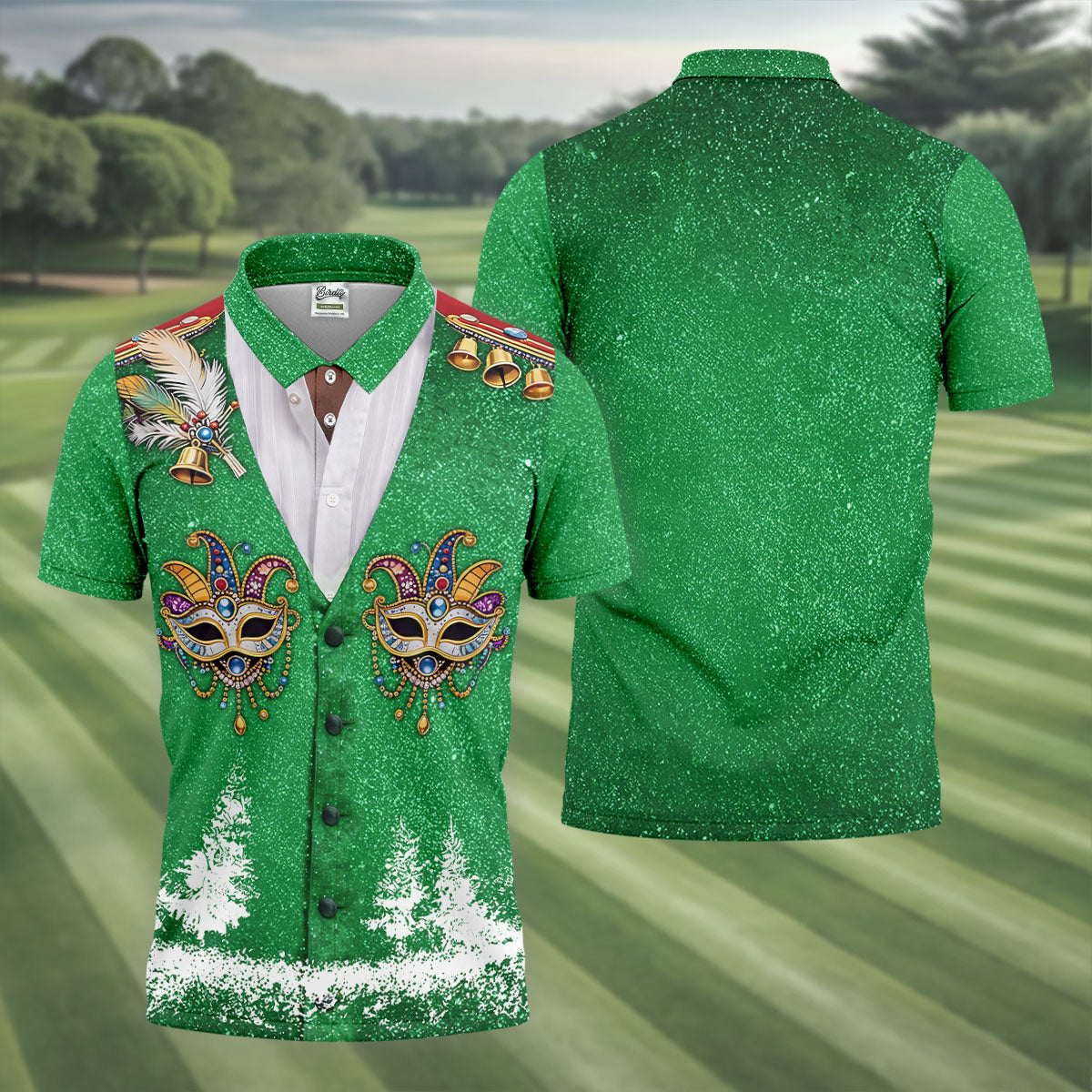 Masquerade Mask Feather Mardi Gras Glitter Print Green Golf Shirt, Polo Shirts For Men, Golf Shirts For Men
