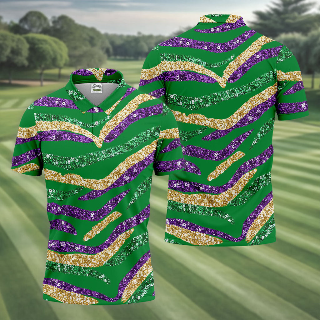 Purple Green Gold Sequin Pattern Green Golf Shirt, Mardi Gras Golf Shirt, Polo ShirtFor Men