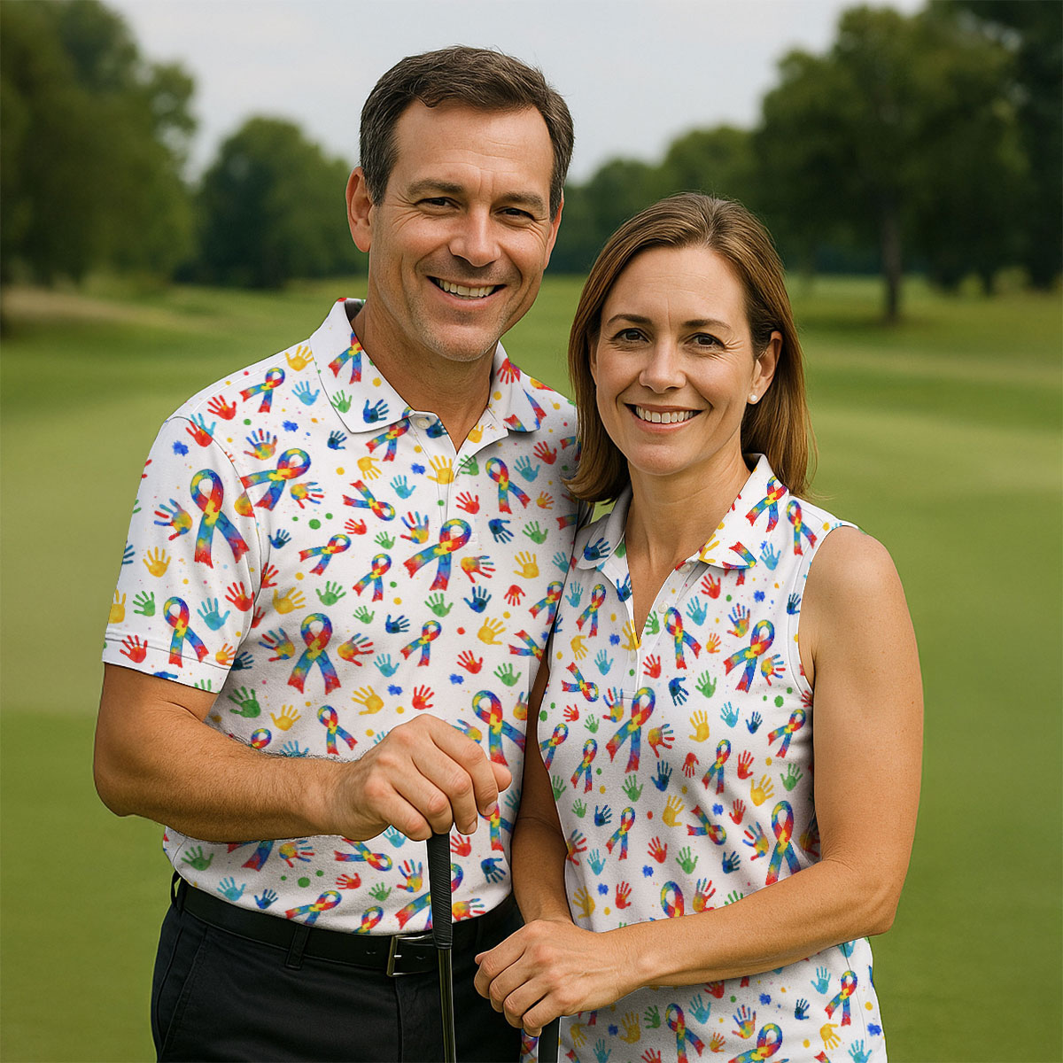 Colorful Handprints Autism Ribbon Golf Tops For Men, Autism Awareness Color Golf Shirts For Men
