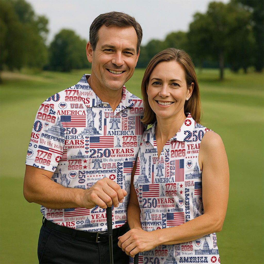 250th Anniversary USA 1776-2026 Retro Golf Shirt, Golf Tops For Men, 4th Of July Golf Shirts For Men