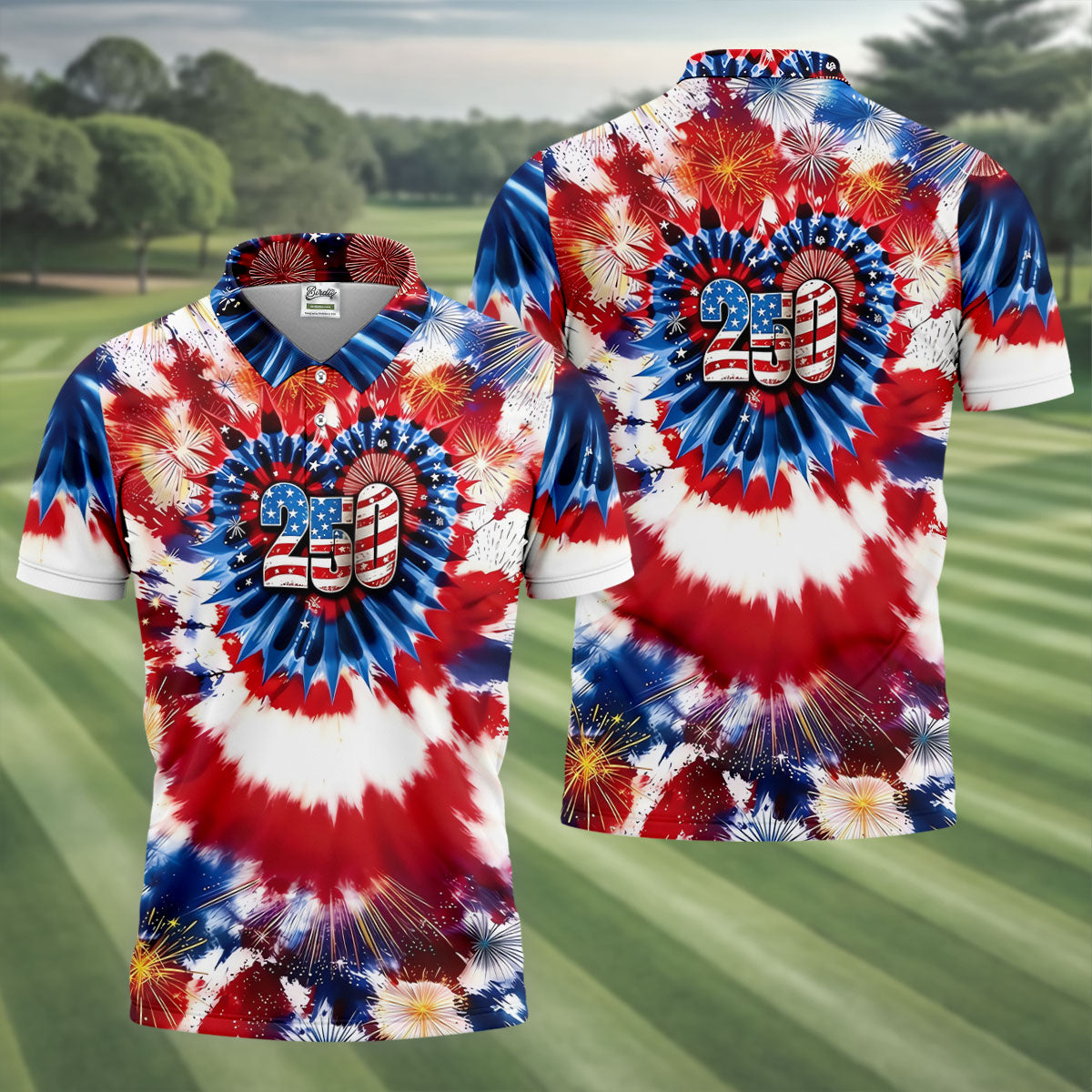 250 Years Red White Blue Tie Dye Print Patriotic Golf Shirt, 4th Of July Golf Shirts For Men