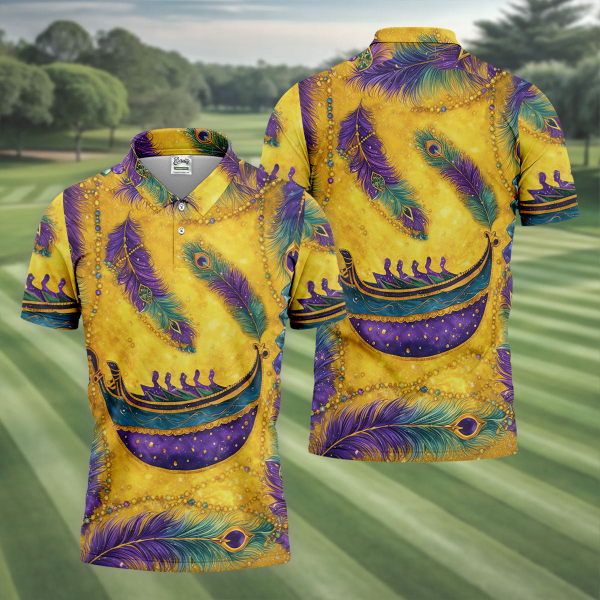 Mardi Gras Day Gradient Art Feather Print Retro Men's Golf Polo Shirt Golf Shirts For Men