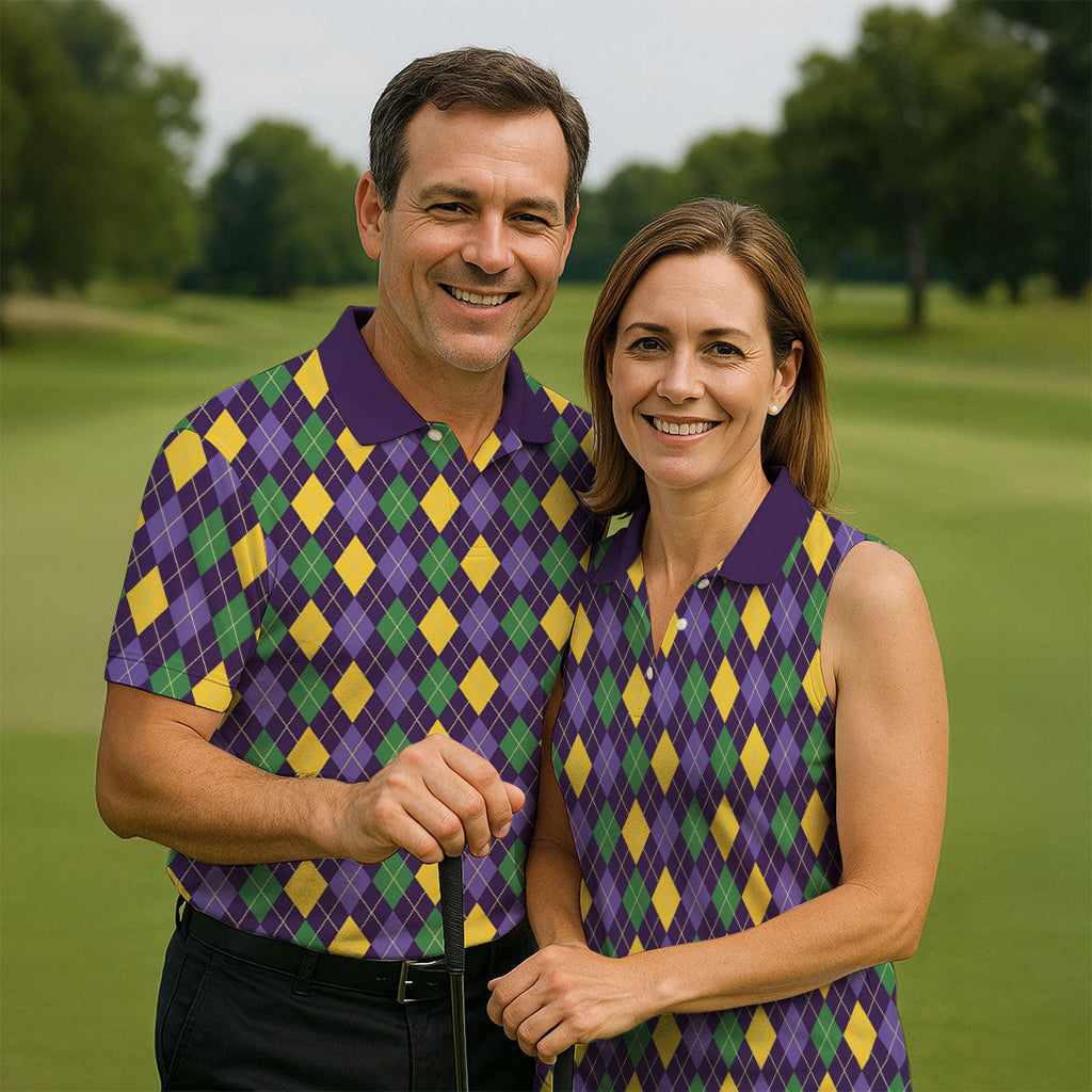 Green Purple Gold Argyle Pattern Mardi Gras Golf Shirt, Polo Shirts For Men, Golf Shirts For Men
