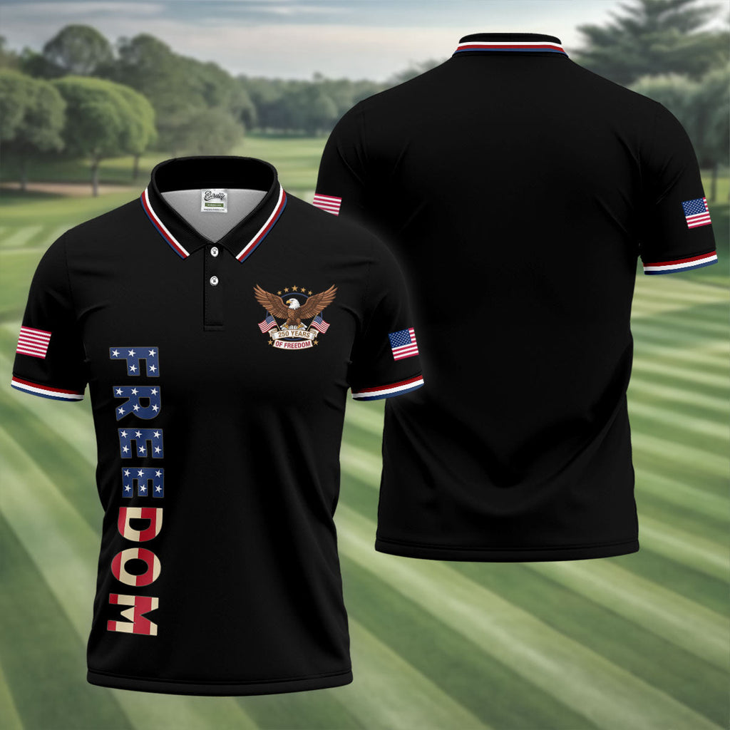 250 Years Of Freedom US Flag Logo Black Golf Shirt, Patriotic 4th Of July Golf Shirts For Men