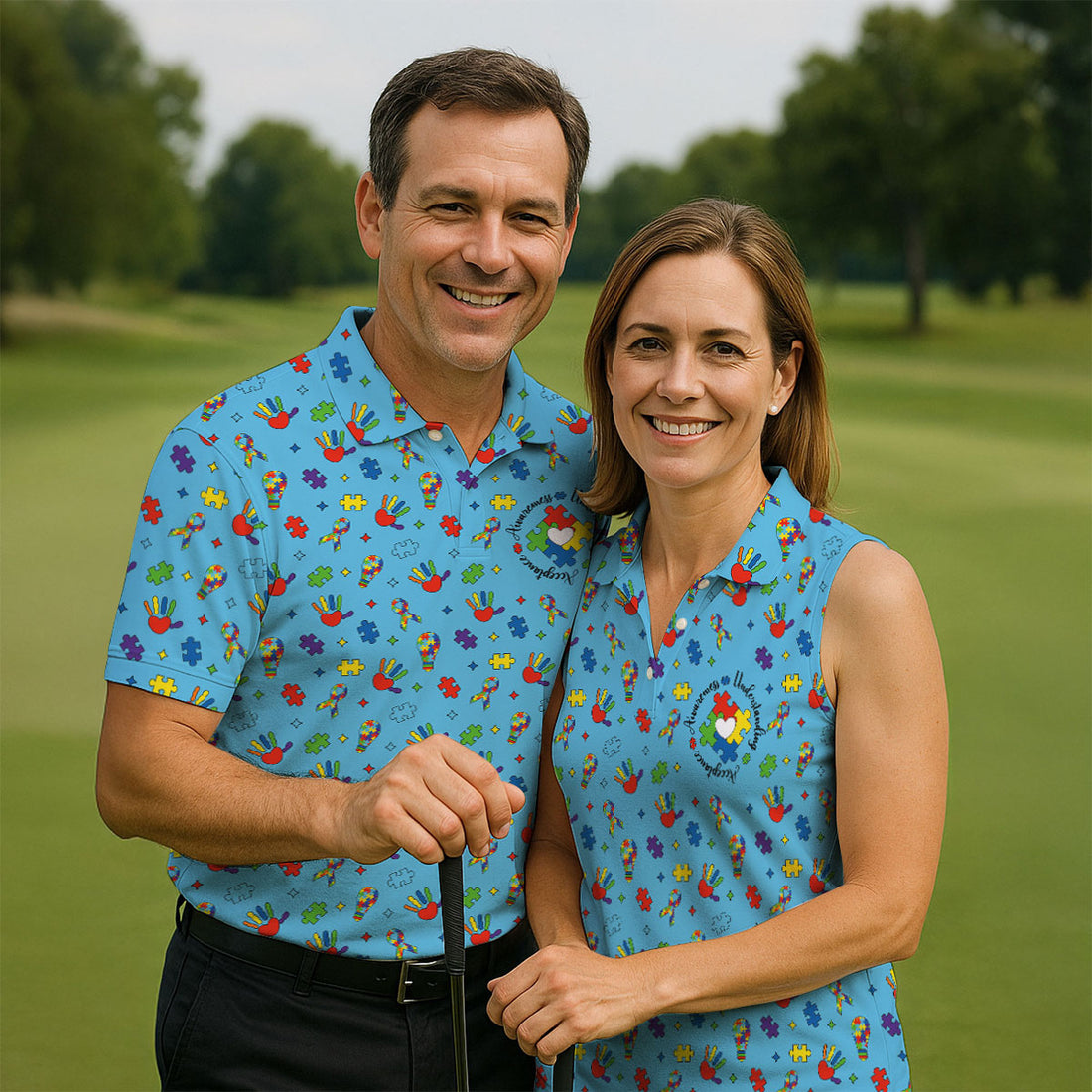 Awareness Understanding Acceptance Autism Ribbon Blue Golf Shirt, Autism Awareness Colors Golf Shirts For Men