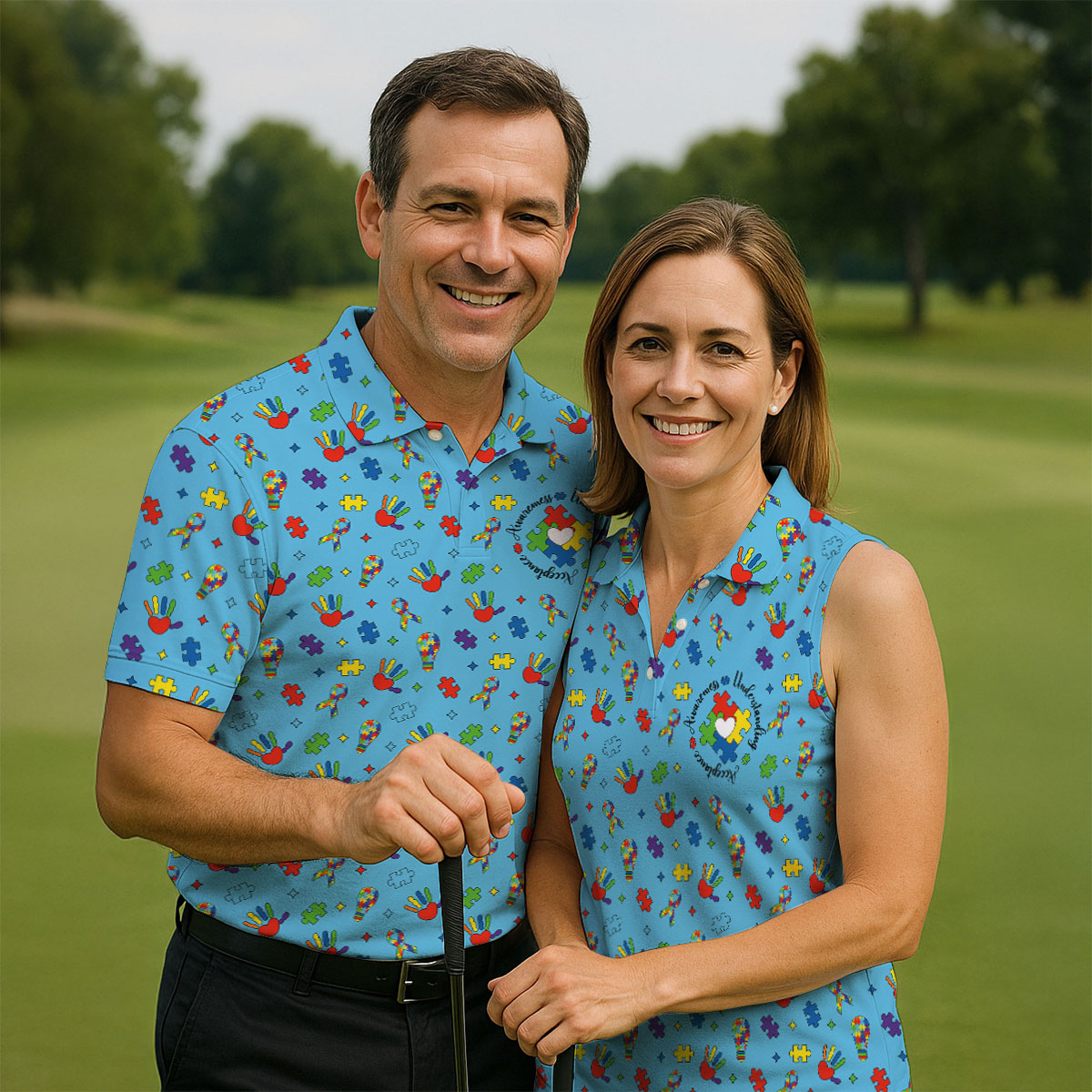 Awareness Understanding Acceptance Autism Ribbon Blue Golf Shirt, Autism Awareness Colors Golf Shirts For Men