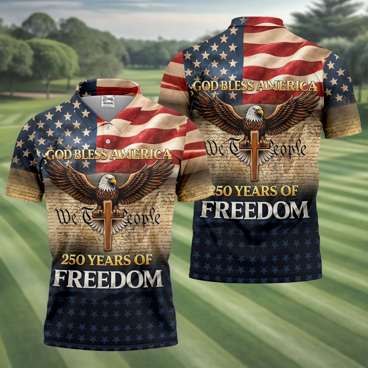 God Bless America 250 Years Of Freedom Retro Golf Shirt, Patriotic 4th Of July Golf Shirts For Men