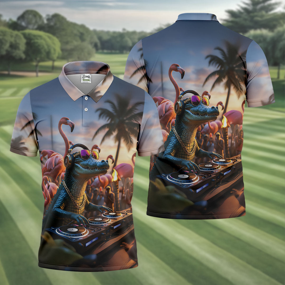 Funny Crocodile DJ Mardi Gras Festival Flamingo Golf Shirt, Polo Shirts For Men, Golf Shirts For Men