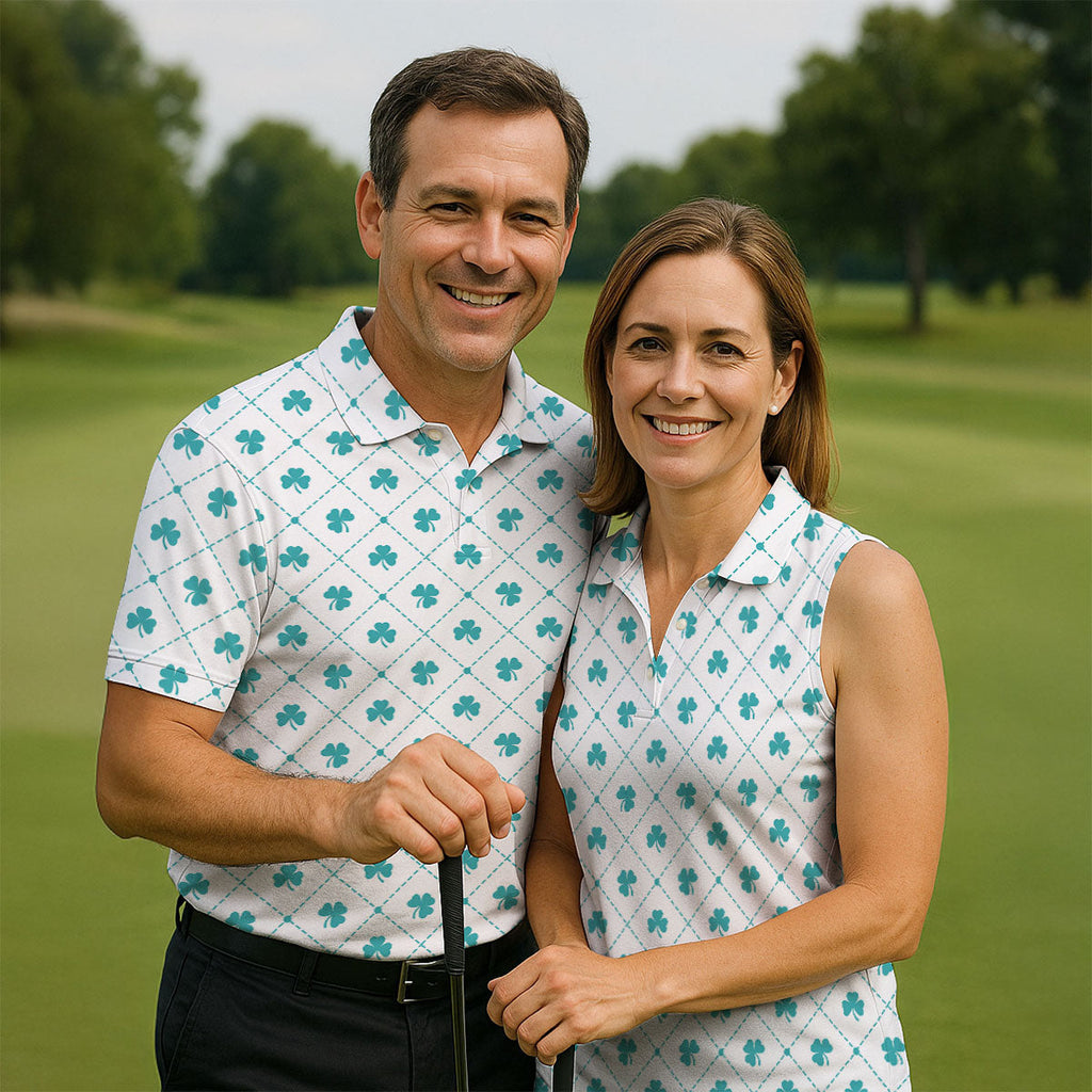 Grid Pattern Shamrock Golf Shirt, St Patrick's Day Golf Tops For Men, Golf Shirts For Men, Polo ShirtFor Men