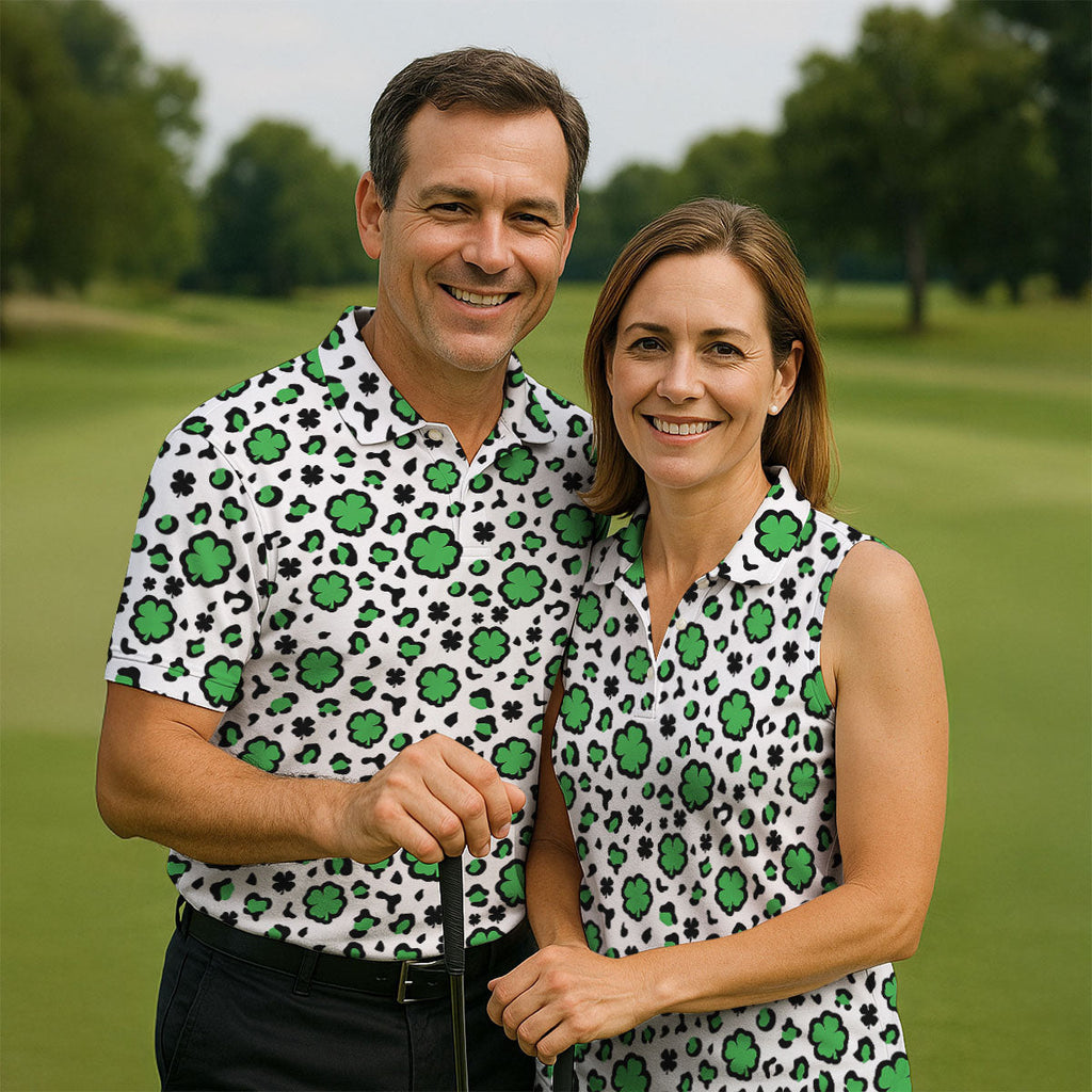 Lucky Four Leaf Clover Leopard Pattern St Patrick's Day Golf Shirt, Polo ShirtFor Men, Golf Shirts For Men