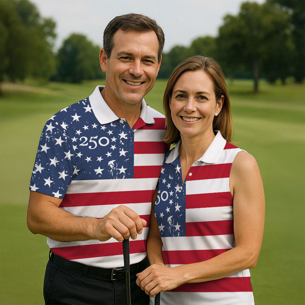 USA Flag Pattern Vintage Golf Shirt, 250th Anniversary Patriotic Golf Shirt, 4th Of July Golf Shirts For Men
