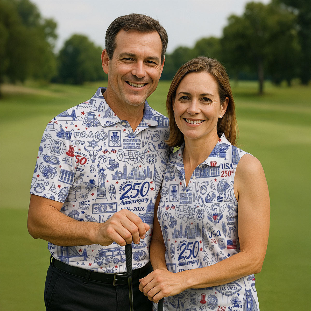 America 250 Anniversary US Symbols Doodle Pattern Patriotic Golf Shirt, 4th Of July Golf Shirts For Men